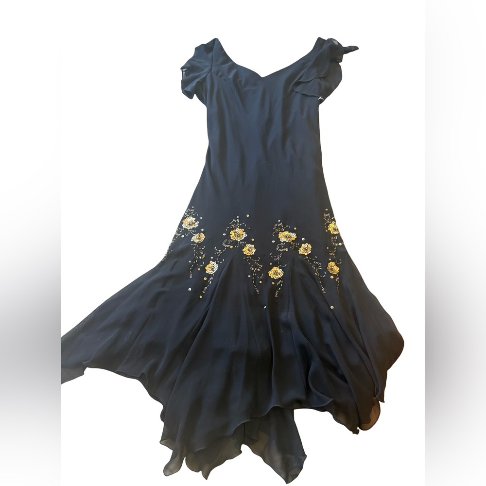 Y2K S.L. Fashions Black Midi Dress 12 Sheer Flutter Sleeve Beaded Hem Formal - Picture 8 of 9
